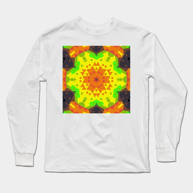 Retro Mandala Flower Orange Yellow and Green Long Sleeve T-Shirt by WormholeOrbital